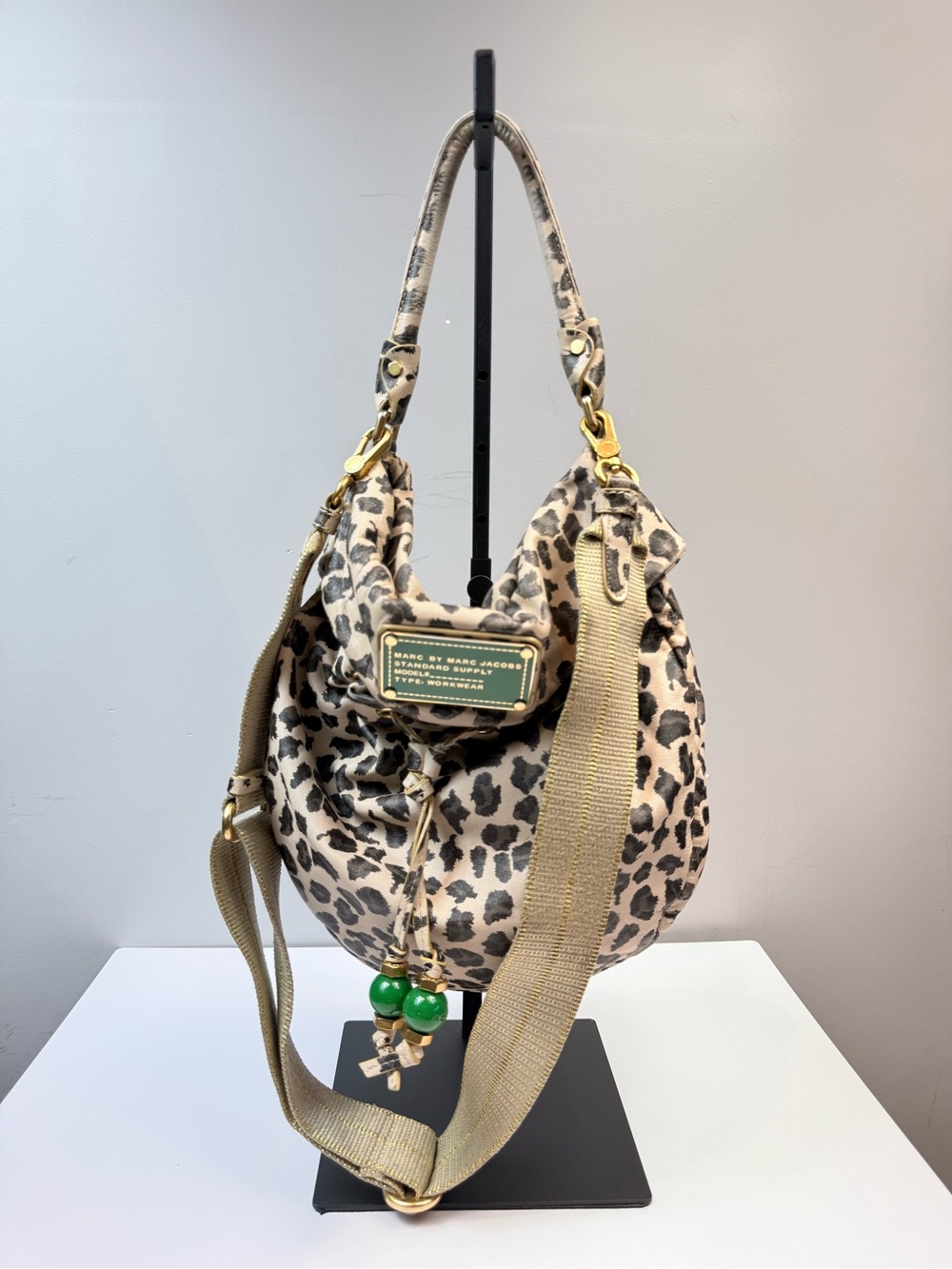 Marc By Marc Jacobs Beige and Black Leopard Shoulder Bag with Green Charm